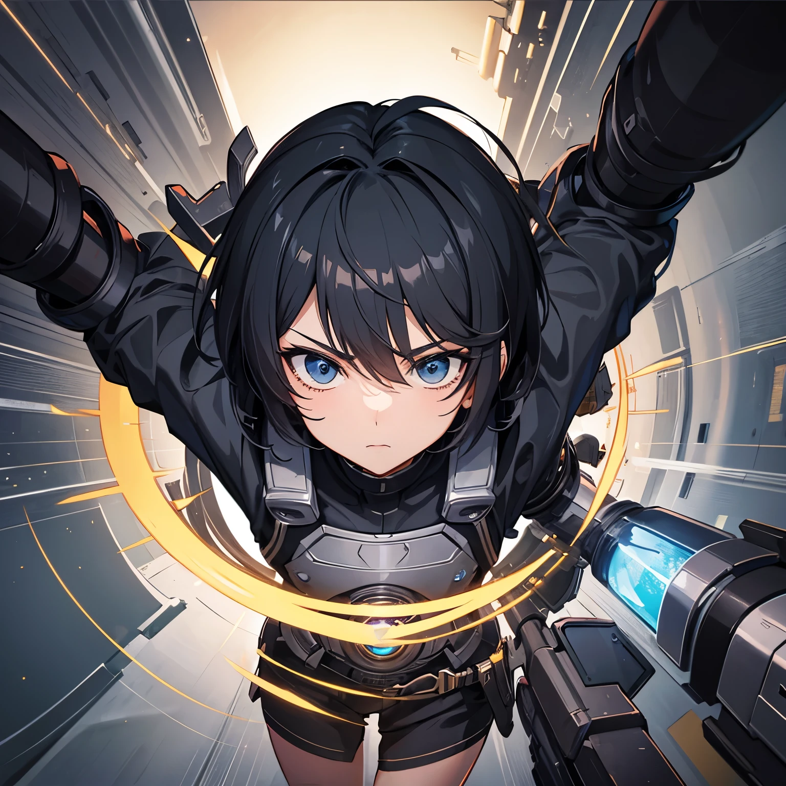Painel de Boku no hero: adolescente de cabelo longo preto com uma mecha branca, saindo de um portal.