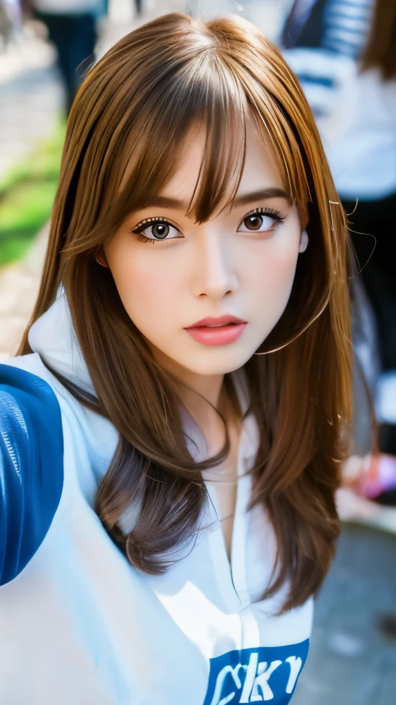 Best quality, 8k, ,Masterpiece :1.3)), facing viewer,((full body1.2)) ,pretty woman, wide shot ,1girl, , selfie , , Street Corner Mural, brown hair , bangs,ultra-detailed face, highly detailed lips, detailed eyes, double eyelid