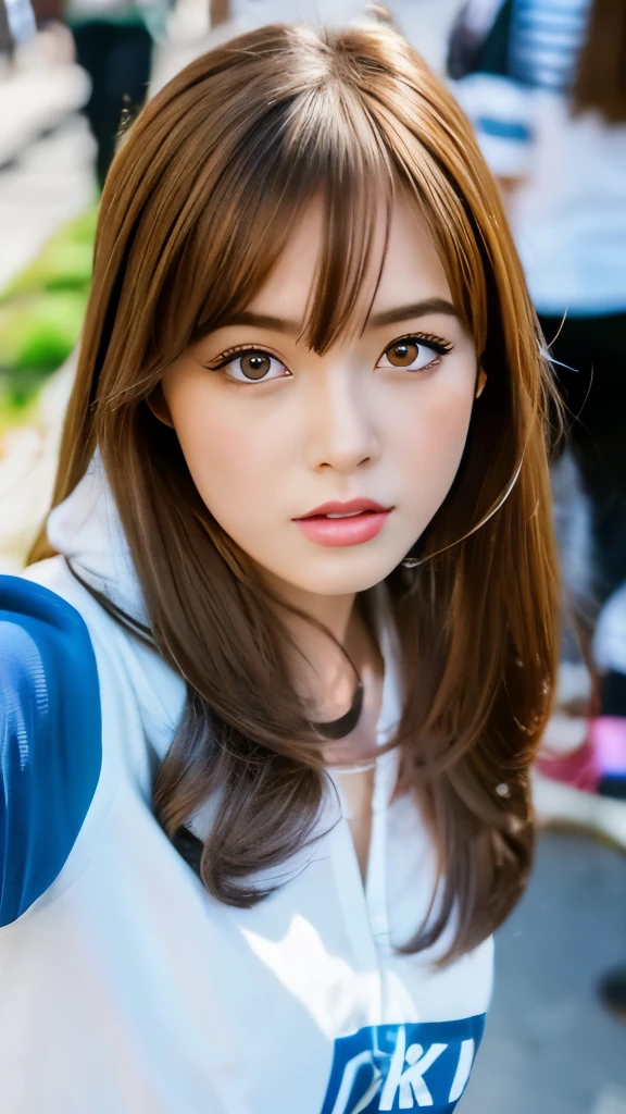 Best quality, 8k,  ,Masterpiece :1.3)), facing viewer,((full body1.2)) ,pretty woman, wide shot ,1girl, , selfie   , ,  Street Corner Mural, brown hair  , bangs,ultra-detailed face, highly detailed lips, detailed eyes, double eyelid