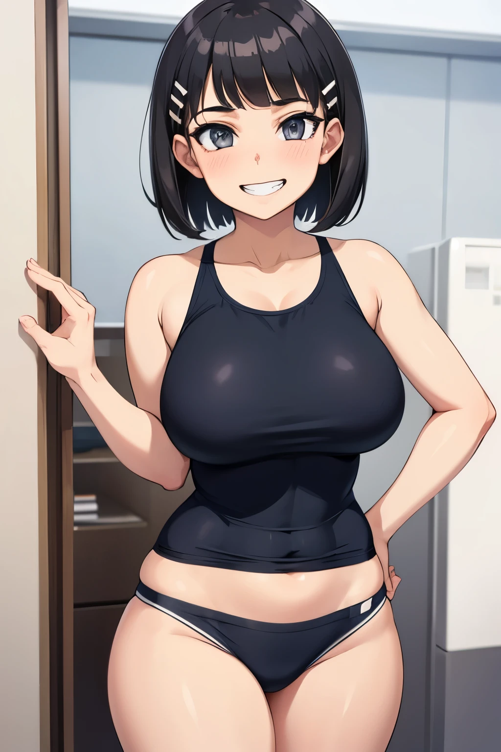 1 hot girl, dark hair, dark grey eyes, grin, gorgeous, aasugu, short hair, hairclip, school swimsuit, large breasts