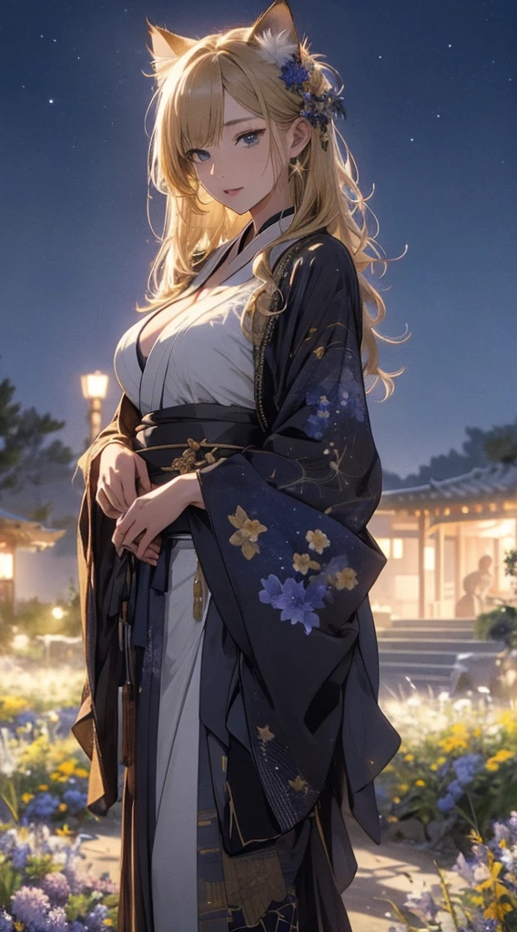 masterpiece, high quality, 4K, Beautiful design, silhouette,blonde, 非常に詳細な夜のStarry Sky,Flower Field, wonderful, Finer details, Very knowledgeable woman, Highly detailed solo, 1 female,Cat ear,Big Breasts,kimono,Night view,Starry Sky,full moon,