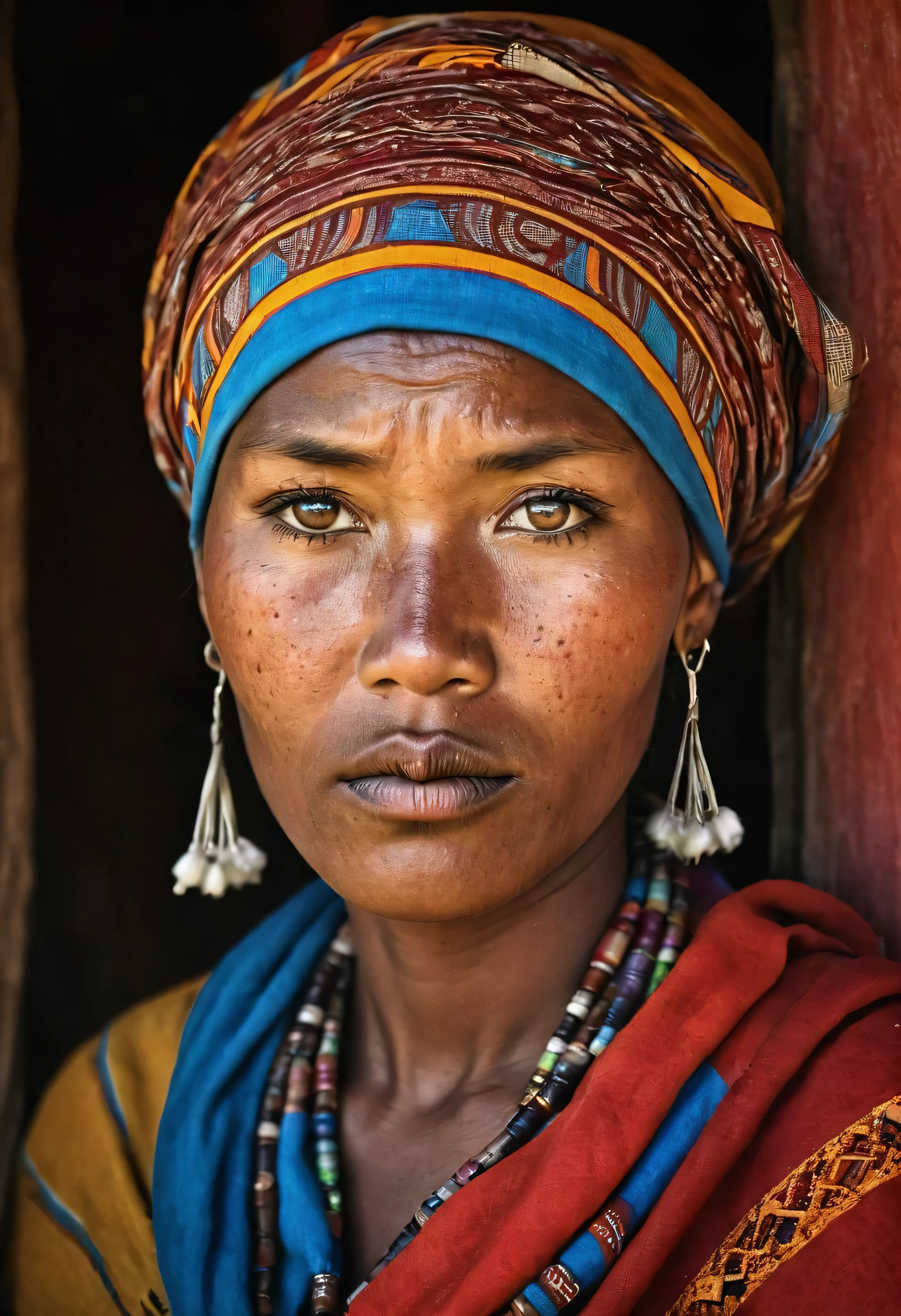 A portrait of African Native people with a calm face, looking at the camera, National Geographic Magazine photo style, Documentary, photorealistic, the traditional outfit, Photograph within their hutShowing off her calm and sad face with brown eyes, the woman with wrinkles, a Colorful feathure turban, and big earrings looks into the camera, The images are extremely realistic., Photographs like the Geographic style of Nation magazine., Professional documentary work, realistic details, natural light, Rim Light, Studio Light, photo inside Mongolian tent