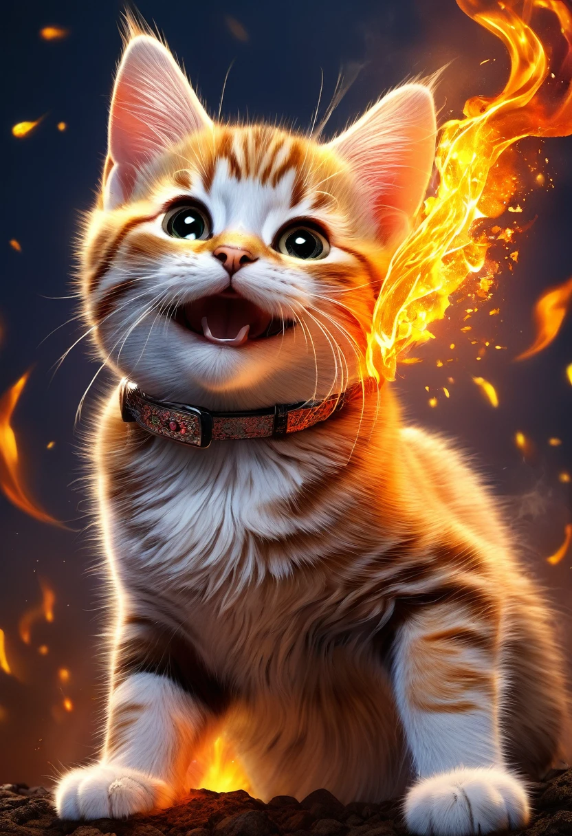 CG, UHigh Definition, Obra maestra, anatomically correct, super detail, detalles altos, high resolution, mejor calidad, High Definition, arte digital, universo, sonrisa mas grande, Todo el cuerpo, gato, lindo, caspeados, carey, El fuego sale de mis manos