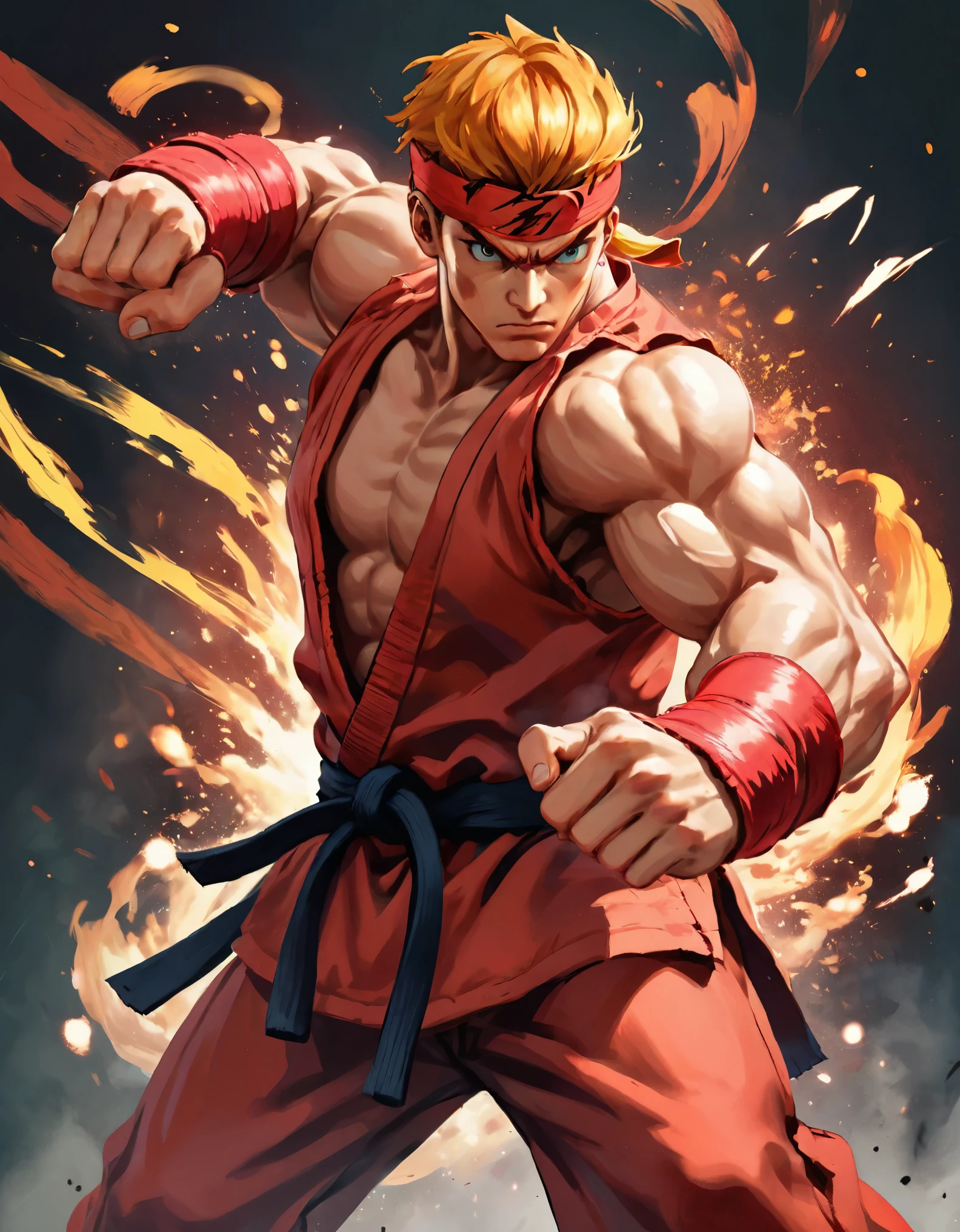 Ken Masters with red kimono, black belt at the waist, muscular body, Street Fighter, detailed facial expression, fierce gaze, determined look, powerful punches and kicks, dynamic action, intense street fighting, martial arts expert, fiery red hair, strong physique, iconic hadouken, martial arts tournament, competitive spirit, street fighting champion, victory pose, focused mindset, fighting techniques, high-intensity training, iconic street fighter moves, fire element, explosive power, adrenaline rush, iconic Street Fighter sound effects, energetic background, Japanese dojo, martial arts training ground, action-packed battle, dramatic lighting, intense shadows, energetic poses, iconic Street Fighter stage, crowd cheering, arcade fighting game, game controller, pixel art, vibrant colors, dramatic composition, skilled fighter, iconic street fighter theme music, sweat dripping, high level of detail, kinetic energy, masterful technique. (best quality, 4k, highres, realistic, professional), dynamic movements, fine details, strong contrasts, visually captivating.