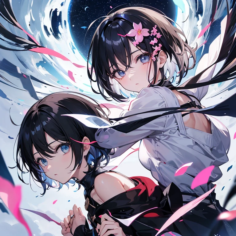 anime, beautiful girl、10 talents、Black Hair、A face that retains its youthfulness、short hair、Her hair is cut short, just short of her shoulders、Bright eyes、Sparkling eyes、whole body、Night Forest、Moonlight、Running desperately