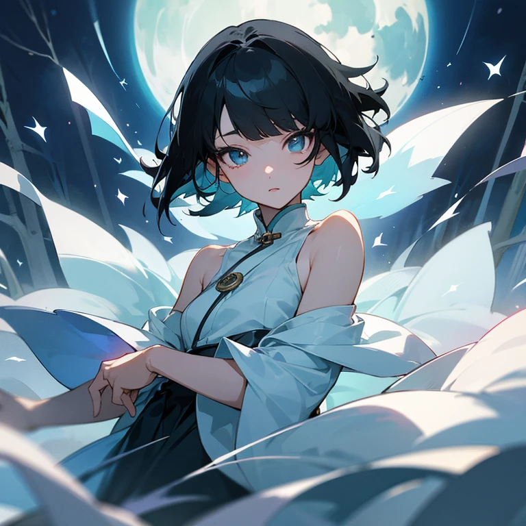 anime, beautiful girl、10 talents、Black Hair、A face that retains its youthfulness、short hair、Her hair is cut short, just short of her shoulders、Bright eyes、Sparkling eyes、whole body、Night Forest、Moonlight、Running desperately