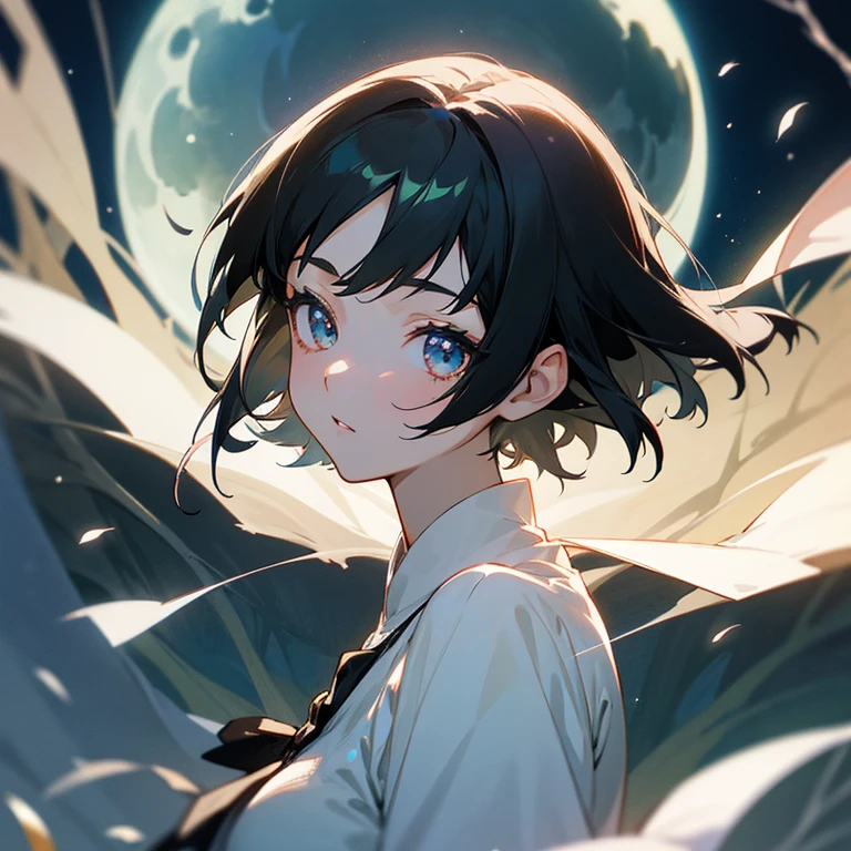 anime, beautiful girl、10 talents、Black Hair、A face that retains its youthfulness、short hair、Her hair is cut short, just short of her shoulders、Bright eyes、Sparkling eyes、whole body、Night Forest、Moonlight、Running desperately