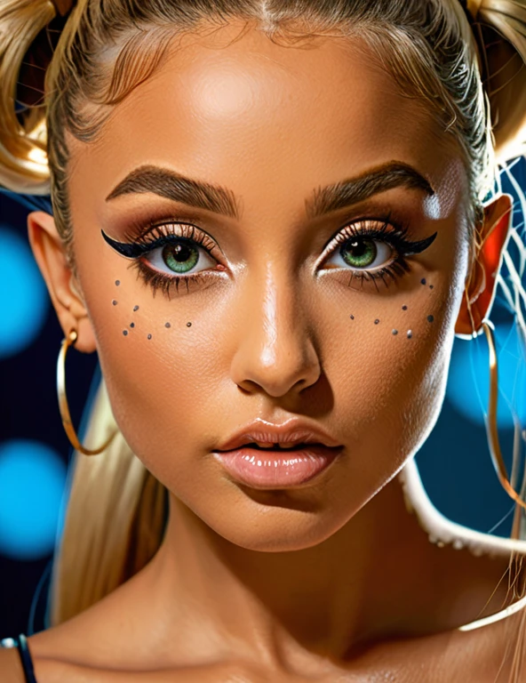 RAW Photograph, mid closeup of the blond goddess of speed and precision looking like Ariana Grande, stunning eyes that pierce your soul, wearing elegant clothing with luminescent detailing, curvy and sexy, colorful, highly detailed skin with visible pores, she holds secret knowledge about the fundamental nature of reality, specular highlights, future technology, cosmic motif, minimalist composition, insane intricate detail, award winning art, raytracing, sharp focus, 8k, hdr, masterpiece, photography, dslr, kodachrome, 35mm photograph, analog film, professional, highly detailed