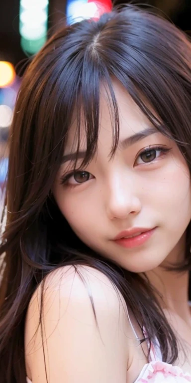1girl, Tokyo street,night, cityscape,city lights,upper body,close-up,smile,,night dress, (8k, RAW photo, best quality, masterpiece:1.2),(realistic, photo-realistic:1.37),