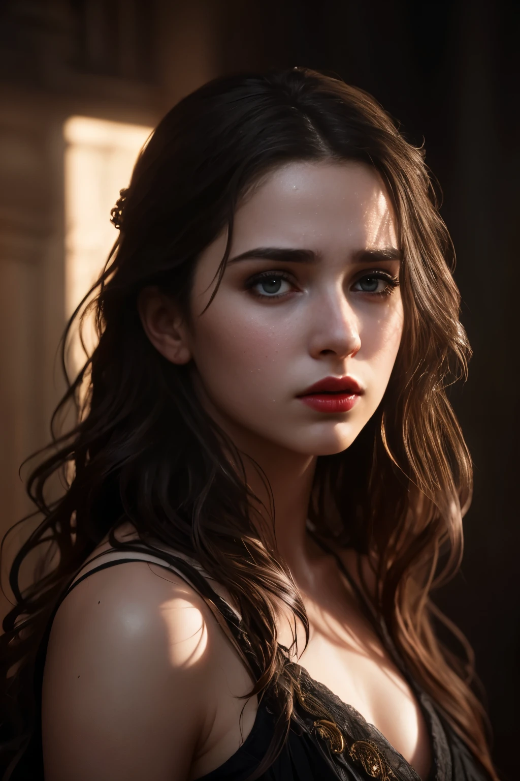 Photo of a heartbroken European girl, one-sided love, (Detailed face:1.2), ((detailed facial features:1.15)), finely detailed skin, pale skin, deep-set eyes filled with sadness, long, wavy brown hair cascading over one shoulder, red lips parted in a sad pout, standing alone against a dark flame background, Unreal Engine rendering, HD resolution, perfectly proportions, photorealistic, realistic detail, Ultra high definition texture, dramatic shadows, emotional depth, caught in a moment of vulnerability, (screaming inner turmoil:1.2), by Alex Thompson, Epic Games, digital art trending on Art