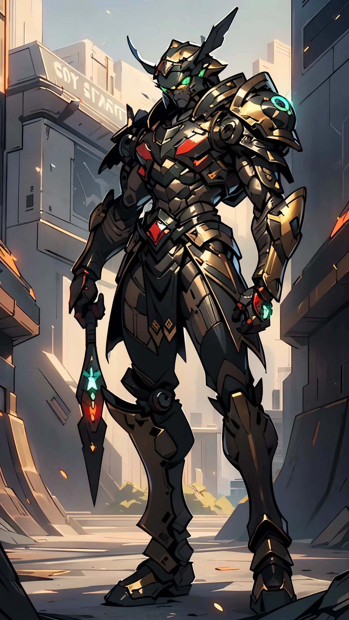 A man wearing a full-face helmet, a fantasy-style biotech armored combat suit, green eyes, (a composite layered chest armor), fully enclosed shoulder guards, matching arm and leg guards, the belt is adorned with Beetle-shaped gem, (the color scheme is primarily black with red accents), the design balances heavy with agility, a high-tech bio-mecha armor, (Dynastinae concept Armor, stand on the top of a skyscraper in a futuristic sci-fi city), this character embodies a finely crafted fantasy-surreal style armored hero in anime style, exquisite and mature manga art style, (element, plasma, energy, the armor glows), ((male:1.5)), metallic, real texture material, dramatic, high definition, best quality, highres, ultra-detailed, ultra-fine painting, extremely delicate, professional, perfect body proportions, golden ratio, anatomically correct, symmetrical face, extremely detailed eyes and face, high quality eyes, creativity, RAW photo, UHD, 32k, Natural light, cinematic lighting, masterpiece-anatomy-perfect, masterpiece:1.5