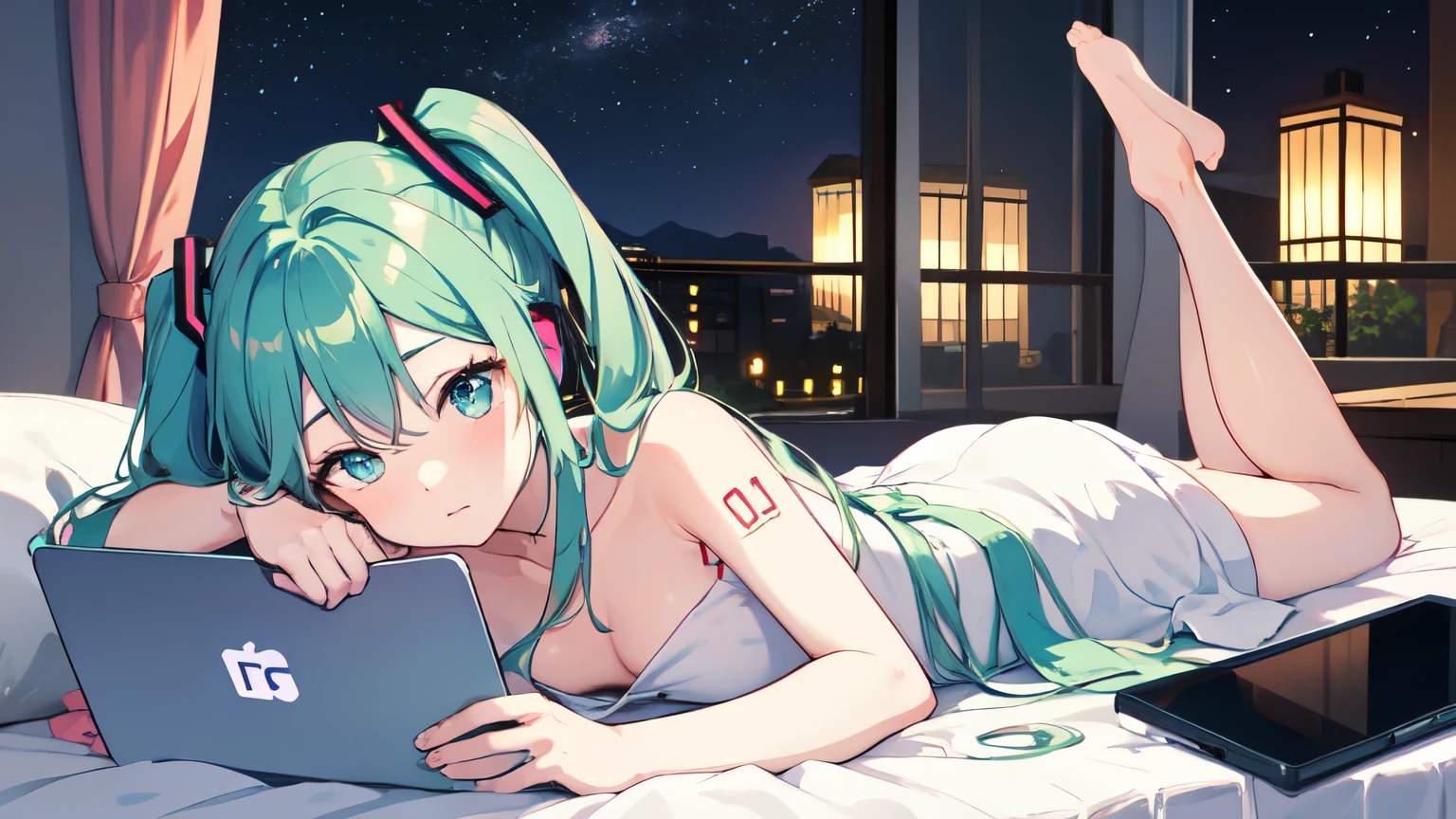 Lying on the bed、Studying on a laptop、Naked Hatsune Miku、Beautiful night view outside the window