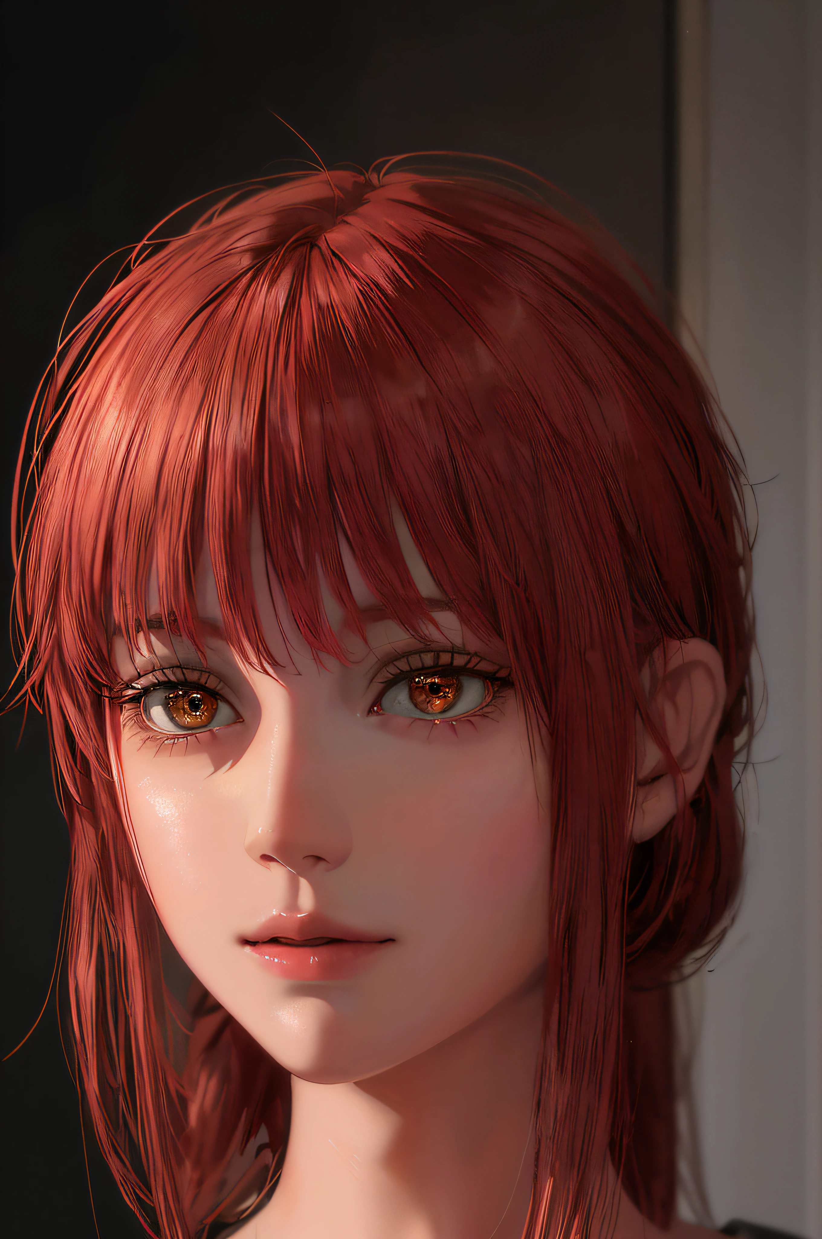1girl in, star eye, blush, Perfect Illumination, Red hair, Red Eyes, Unreal Engine, side lights, Detailed face, Bangs, bright skin, Simple background, Dark background,Makima,Yellow eyes,red pupils,A slight smil,