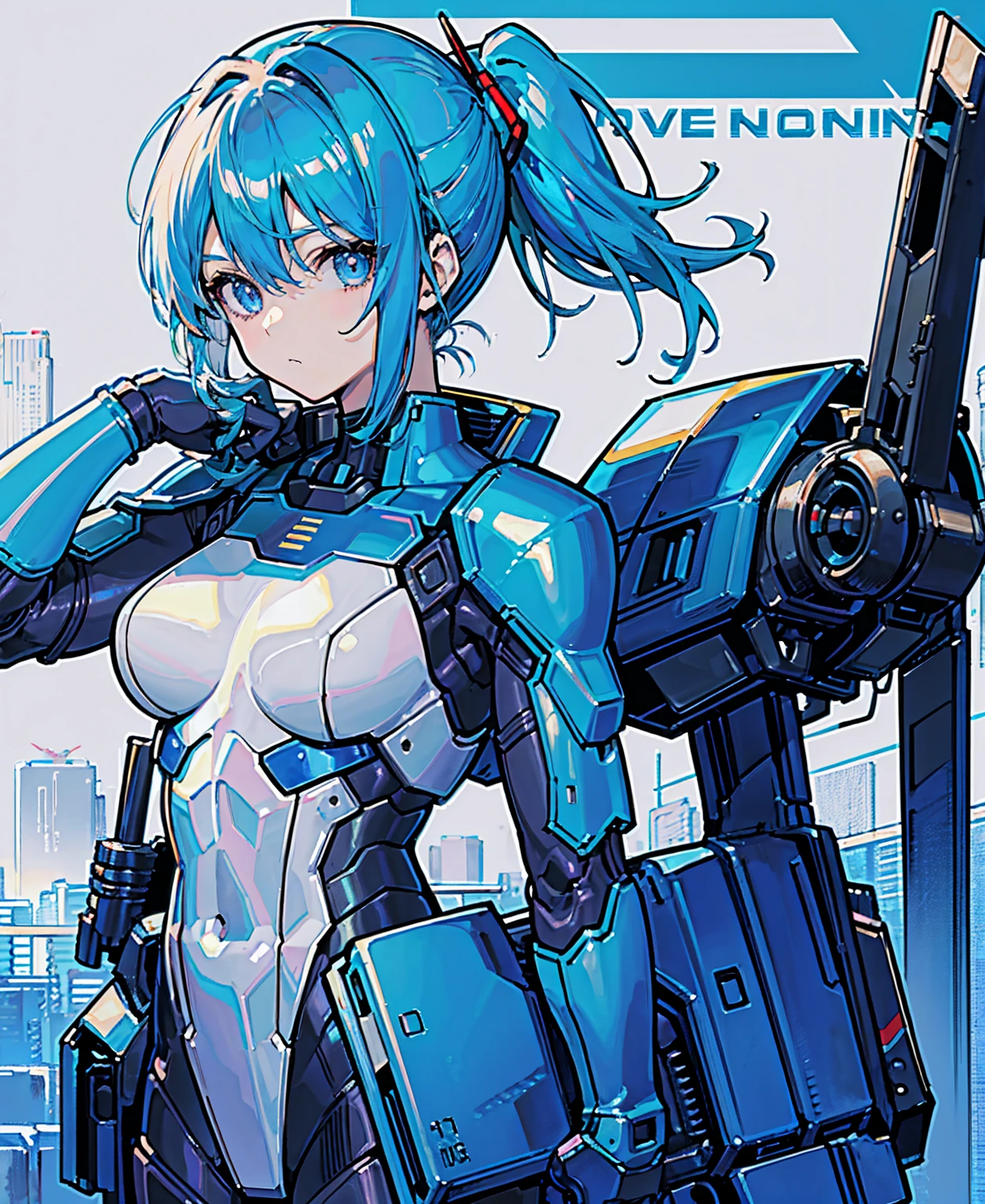 Blue Hair、Masterpiece、Best Quality、1 girl、Medium breast、((Album cover))、Light on Face、Slim Body、Blue Costume、Exoskeleton、metal Gear、Cyberpunk Style、ponytail、The Gundam pilot、attention arousal，Ride a fighter