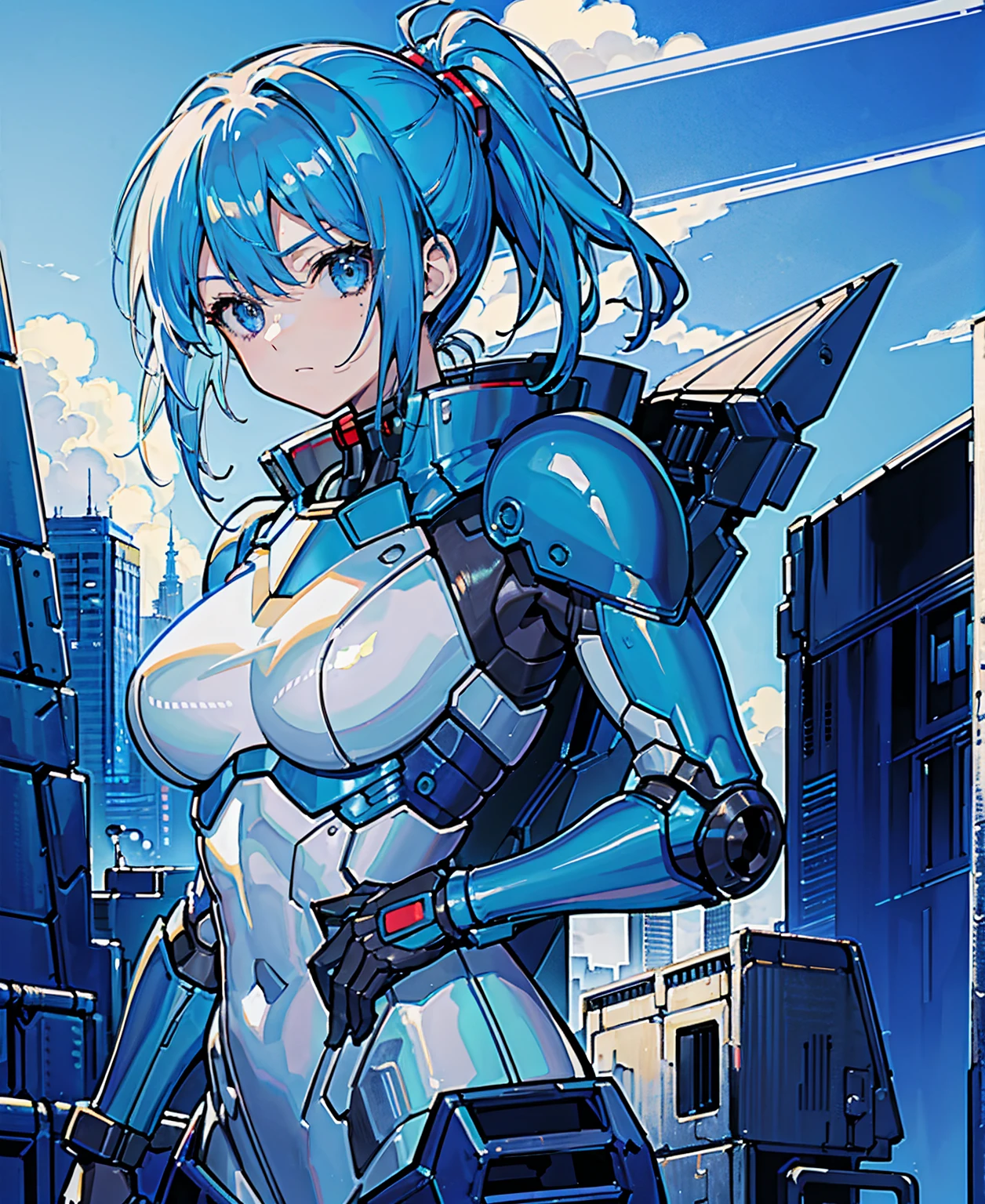 Blue Hair、Masterpiece、Best Quality、1 girl、Medium breast、((Album cover))、Light on Face、Slim Body、Blue Costume、Exoskeleton、metal Gear、Cyberpunk Style、ponytail、The Gundam pilot、attention arousal,Ride a fighter