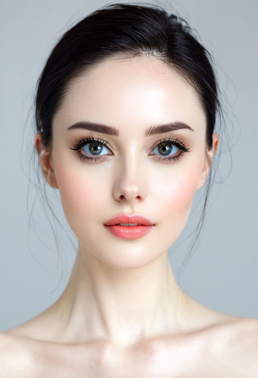 A beautiful woman with perfect jaw angle, thin and narrow face, white neck, white and pale skin, big black eyes, small and narrow nose.