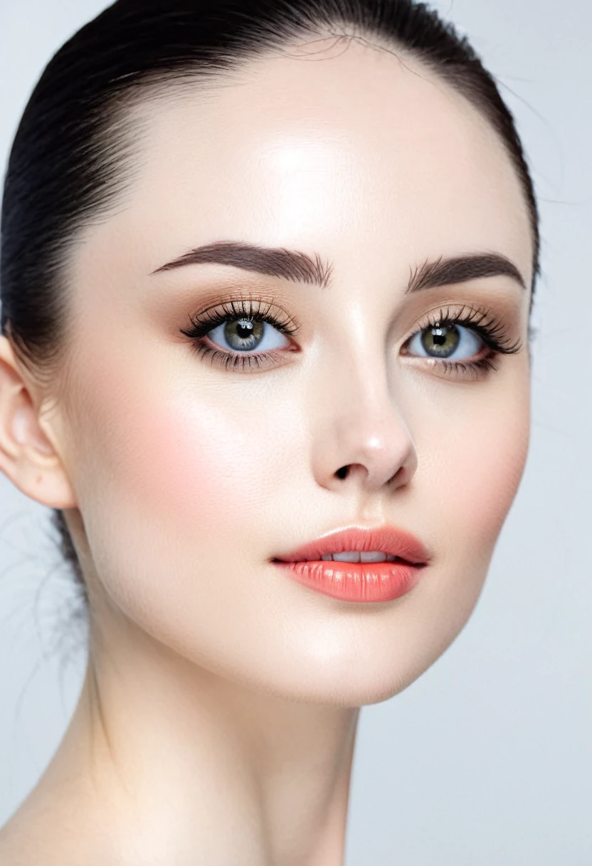 A beautiful woman with perfect jaw angle, thin and narrow face, white neck, white and pale skin, big black eyes, small and narrow nose. 