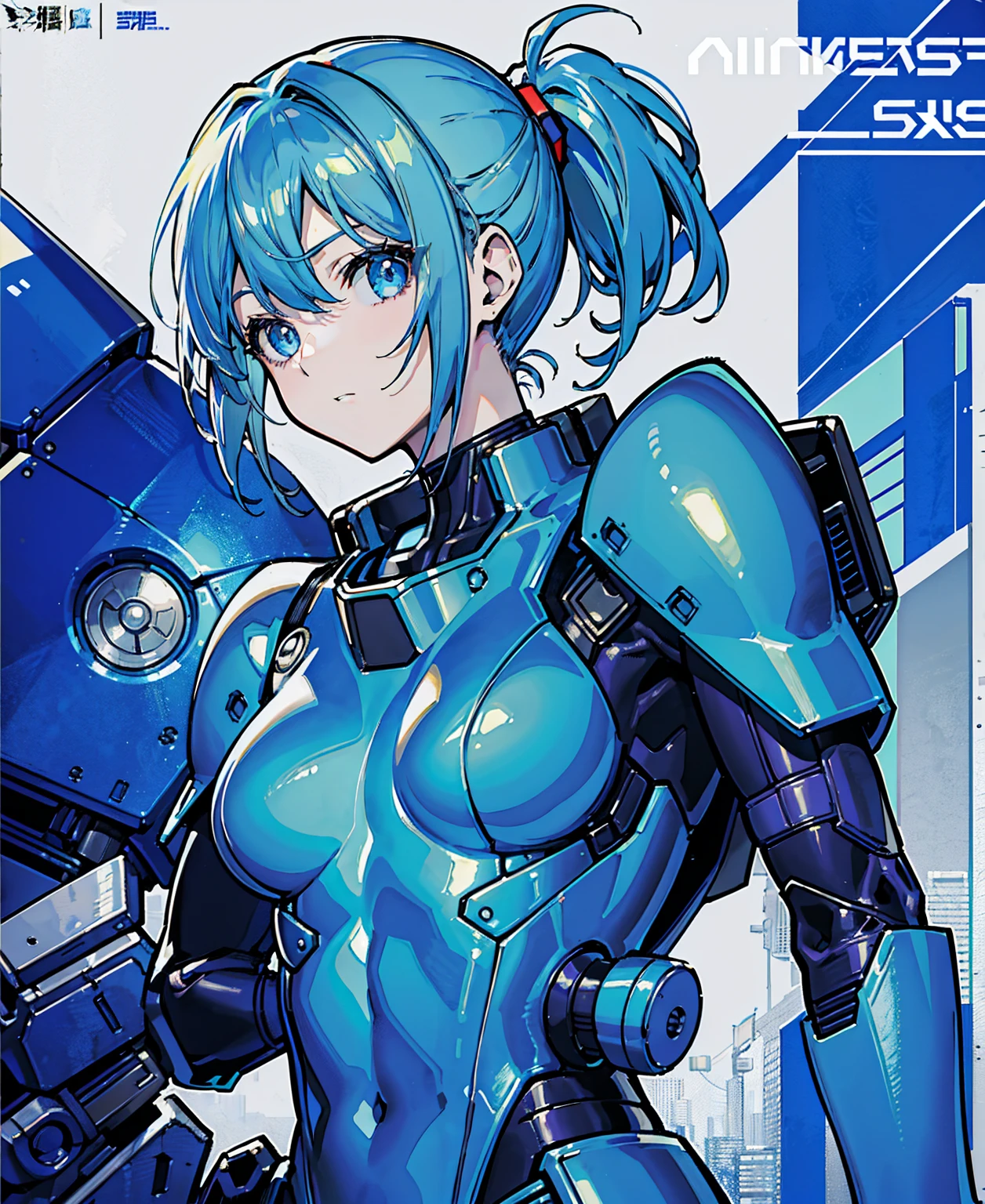 Blue Hair、Masterpiece、Best Quality、1 girl、Medium breast、((Album cover))、Light on Face、Slim Body、Blue Costume、Exoskeleton、metal Gear、Cyberpunk Style、ponytail、The Gundam pilot、attention arousal，Ride a fighter