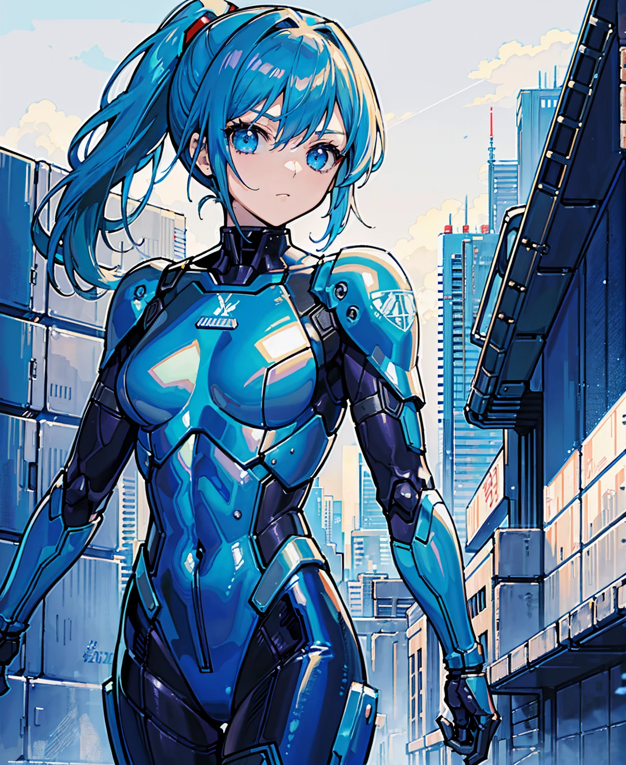 Blue Hair、Masterpiece、Best Quality、1 girl、Medium breast、((Album cover))、Light on Face、Slim Body、Blue Costume、Exoskeleton、metal Gear、Cyberpunk Style、ponytail、The Gundam pilot、attention arousal，Ride a fighter