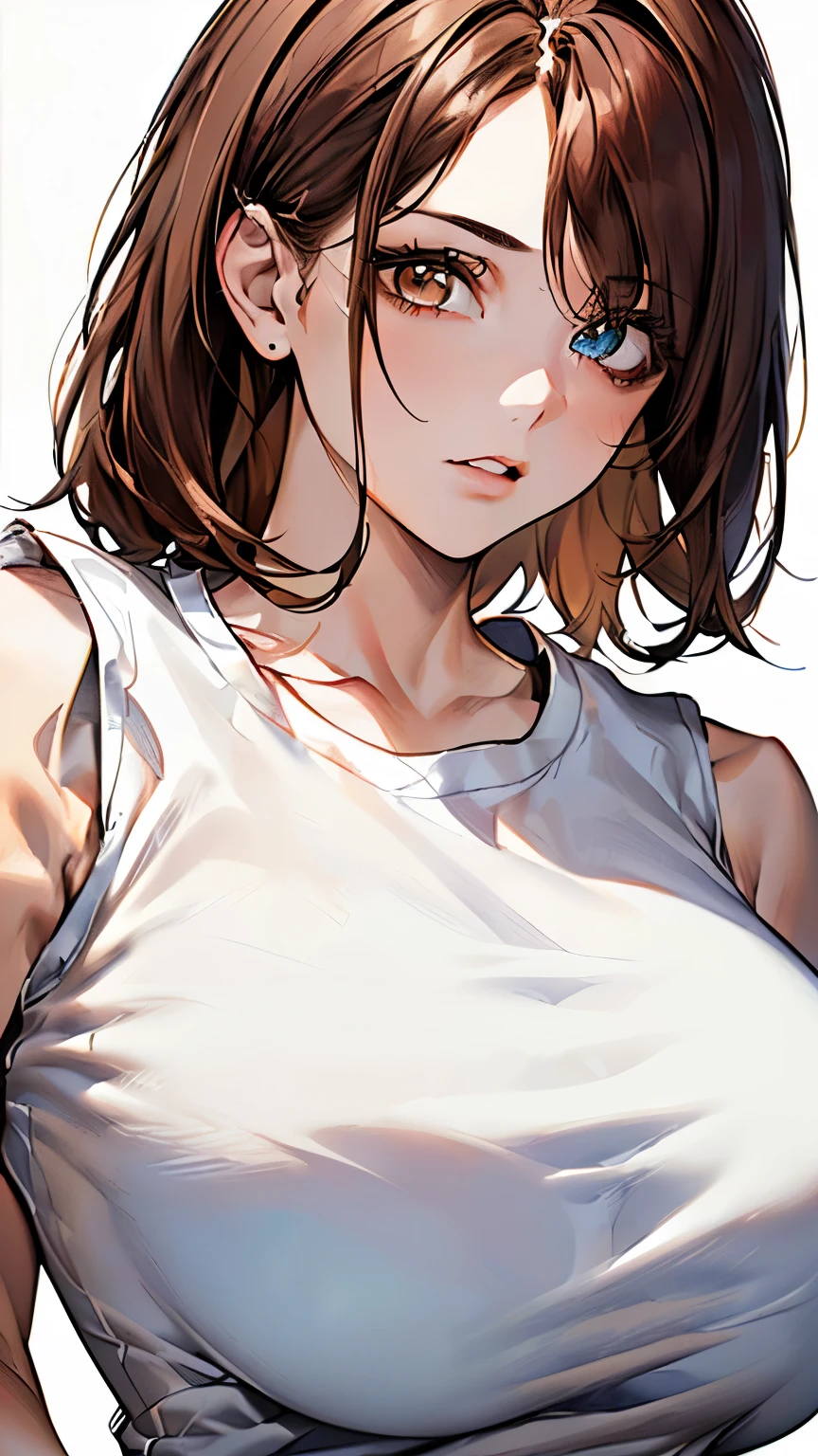 highest quality, Realistic, 8k, High resolution, 1 girl, woman, (Skin dents), (Portraiture: 0.6), nice, (White Background: 1.82)), ((Big round breasts, Sleeveless White T-Shirt: 1.75)), Straight Watching Viewers: 1.8, (1 girl Eyes, Medium length hair, Brown Hair, Parted bangs : 1.65), Realistic, nice