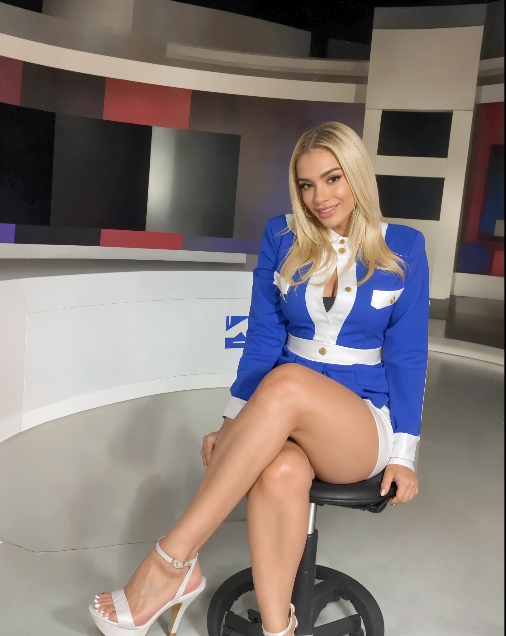 Arafed Mujer sentada en una silla en un estudio de noticias, piernas gruesas, piernas jugosas, valentina remenar, lorena avarez, Holly Bruce, fernanda suarez, 30 year old Cuban woman., muy sexy, piernas completas, muslos grandes, julia fuentes, piernas cruzadas, piernas enormes que se elevan sobre ti, muslos gruesos, vestimenta ajustada