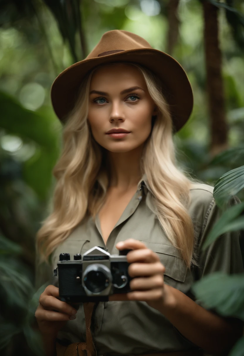 A photo of Princess in a safari outfit, exploring the jungle with a magnifying glass,original,The most beautiful girl in every room. She is blonde and blue eyes. She is Russian and have the model physique. Very tall, lean physique