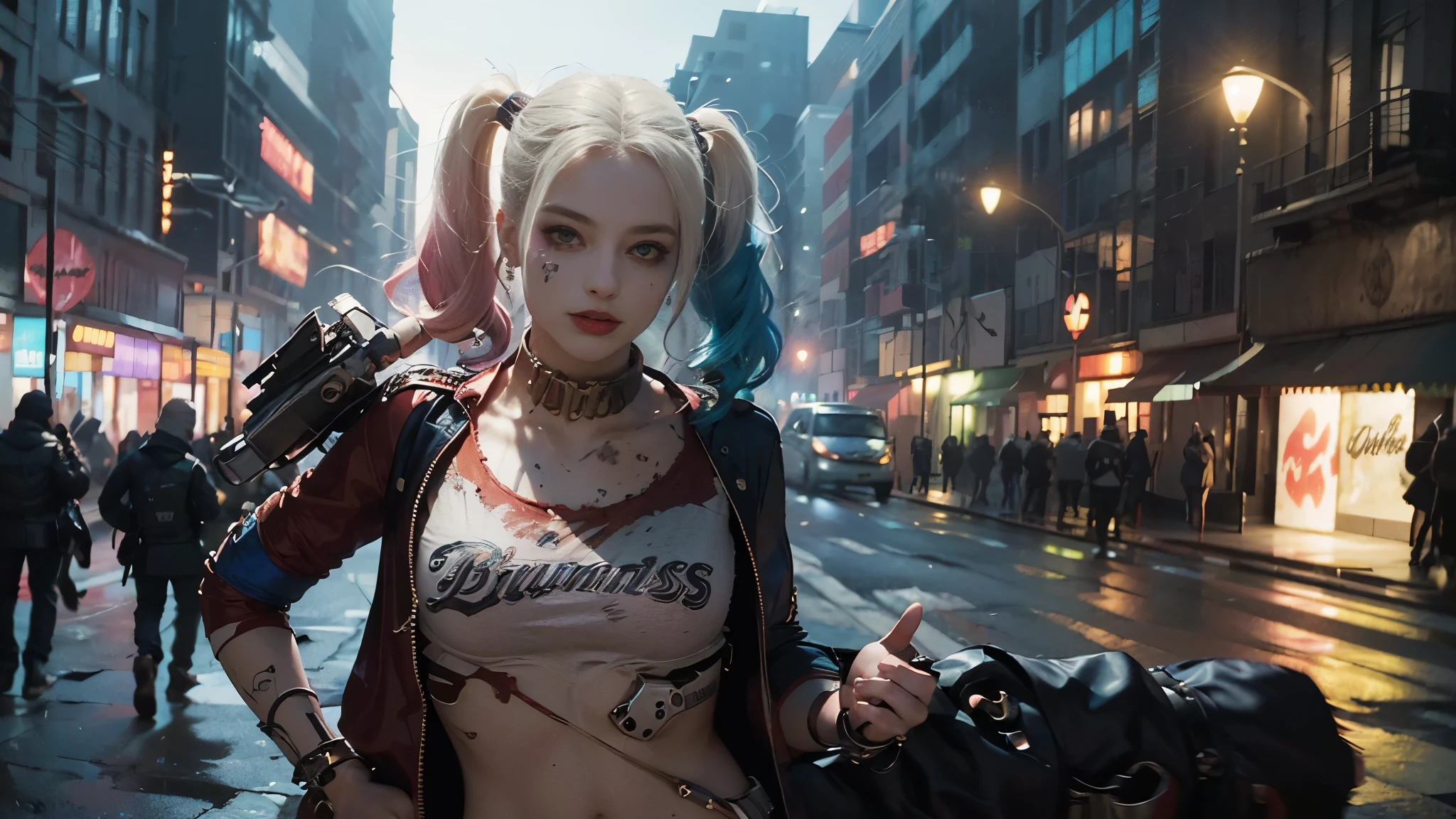 Create an image of Harley Quinn holding an umbrella in her hand, her body and hair soaked in the rain. She stands with a defiant and playful expression, the raindrops glistening on her wet clothes and hair. The background shows a rainy, urban environment, emphasizing the dramatic and lively atmosphere.