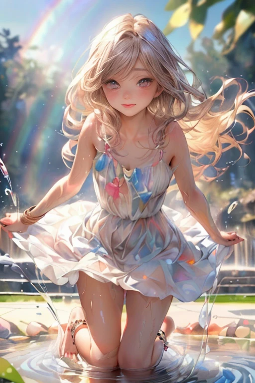masterpiece, highest quality, 16k, highres, ultra-realistic, photorealistic, beautiful detailed, beautiful woman, standing in the park, fountain(with rainbow appears, high spray of water, misty water, popping water droplets, splashing water), beautiful delicate artistic avant-garde posing, beauti fuldelicate revealing summer dress, gently smile, beautiful delicate(hair, face, long eyelash, eyes, pupils, lips, knee, anklet, dress), sparkling eyes, shining rosy lips, blushed cheek, through bangs