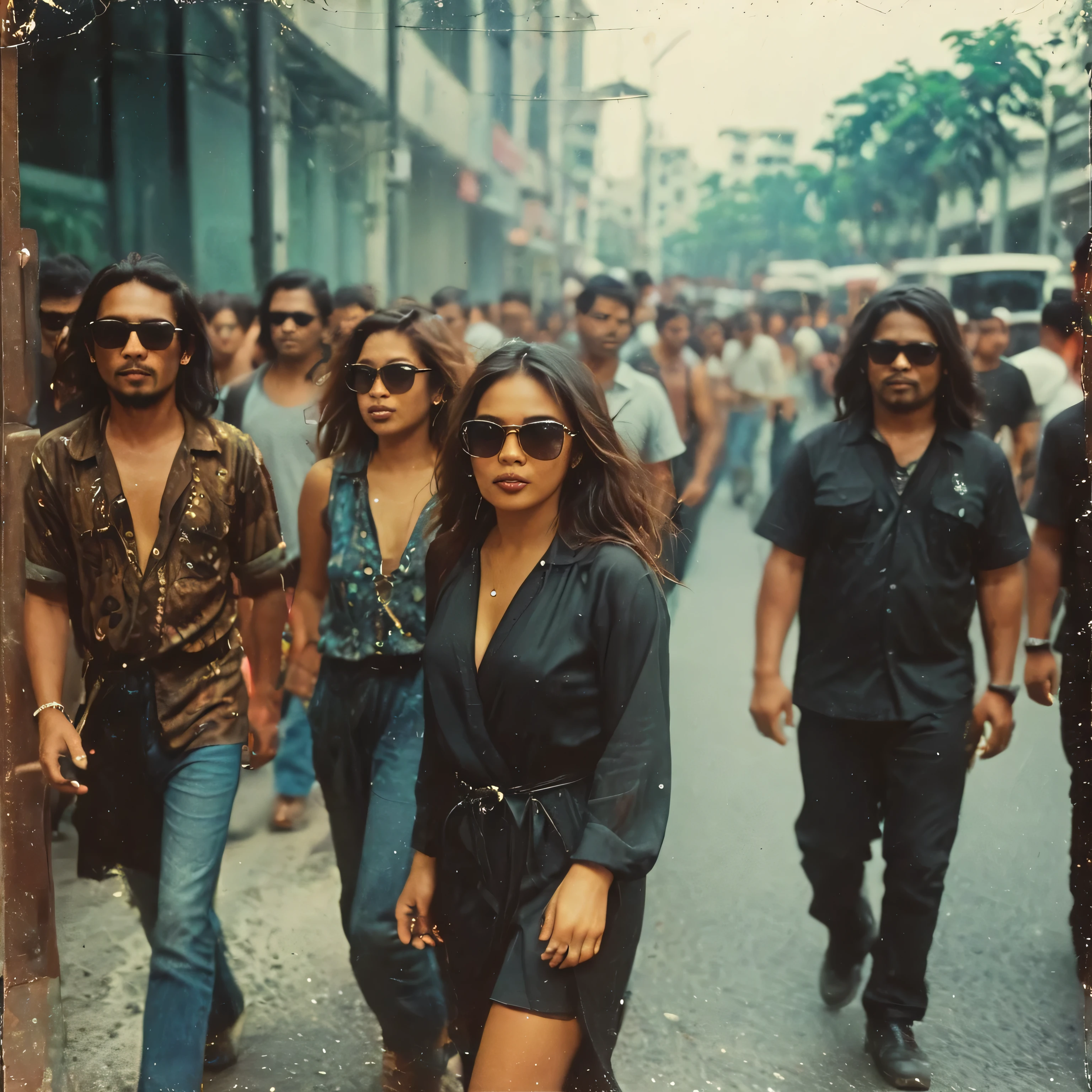35mm lens ((analog fujifilm)) street photo((90's rockers)) a group of rugged Malay woman ((long hair)) ((wear sunglasses))((rock star)) walking down the street of Kuala Lumpur((full body shots))