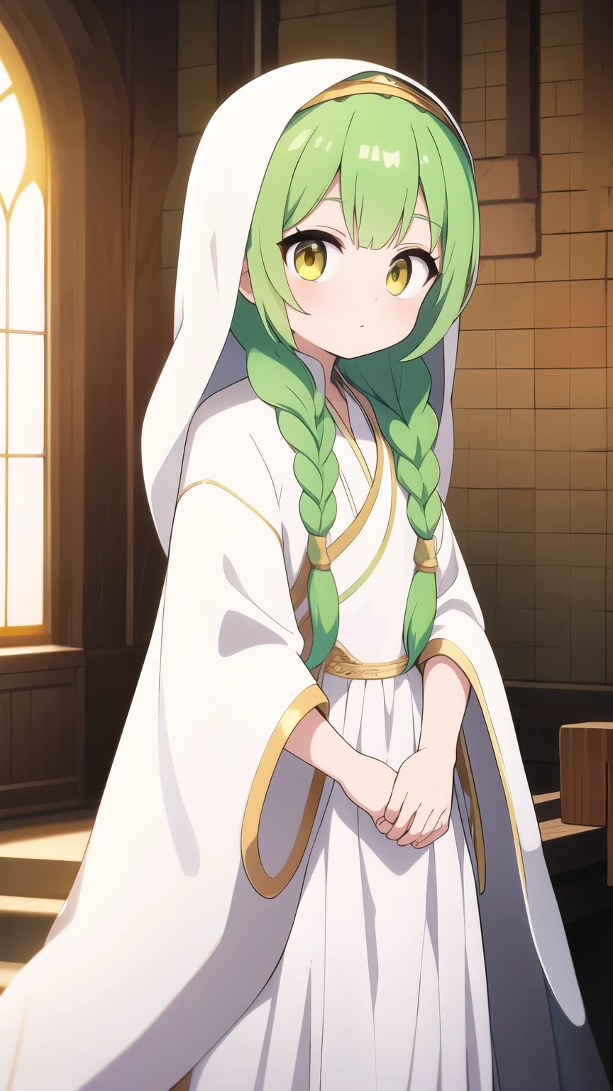 She has light green hair in braids,Wearing a veil,Golden Eyes,Teenage Girl 1,White robe-like dress,saint,Sister