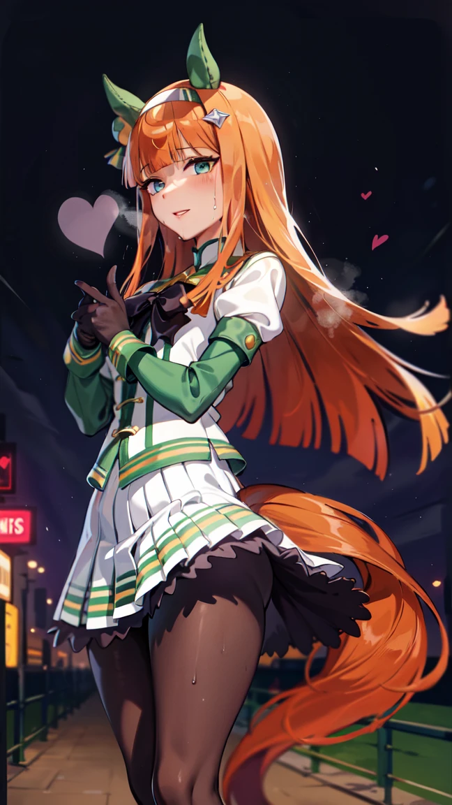 masterpiece, highest quality, Silence Suzuka \(umamusume\),(style),Black gloves, White Skirt, Pleated skirt, Black Pantyhose, Layered sleeves, or long sleeves, Black Bow, Cowboy Shot、 One Girl, Micro Mini Skirt Palm、Focus on the legs、Legs too long、Modeled、9 life-size models、Looking at the audience, Cowboy Shot, (Sweat:0.9), I breathe, concentrated,Heavy breathing, Open your mouth , Skirt Riff、(High heels:1.8) alone,masterpiece,highest quality,High resolution,Very detailed,,middle part,Black Pantyhose,High heels,Outdoor,smile,moderately,, Make your hands into a heart shape、Spread your legs, street,