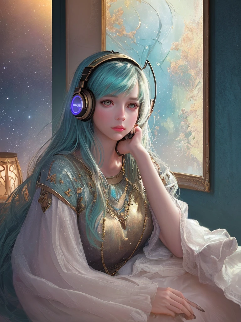 LoFiGirl, Andromeda, galaxy, goddess, headphones
(best quality,4k,8k,highres,masterpiece:1.2),ultra-detailed,(realistic,photorealistic,photo-realistic:1.37), HDR, UHD, studio lighting, ultra-fine painting, sharp focus, physically-based rendering, extreme detail description, professional, vivid colors, bokeh, portraits, landscape, anime, music, dreamy colors
A girl sitting in a cozy corner of a room, surrounded by warm colors and soft lights. She is wearing headphones and listening to music. Her face is illuminated by the screen of her phone, and her eyes show a sense of tranquility. The room is filled with a nostalgic atmosphere, with posters of galaxies and stars hung on the walls. The atmosphere is filled with a dreamy, ethereal feeling. The girl herself exudes a goddess-like aura, with flowing hair and a serene expression. The headphones she is wearing add to the immersive experience, creating a sense of escape from the outside world. The picture has a lo-fi vibe, with a touch of vintage aesthetic. The colors are rich and vibrant, creating a visually captivating scene. The overall composition is carefully crafted, with attention to detail in every aspect. This artwork is a masterpiece, with ultra-detailed features and realistic rendering. The girl's features are beautifully captured, with emphasis on her eyes, lips, and the overall expression on her face. The scene is bathed in soft, natural light, adding to the serene ambiance. The combination of all these elements creates a truly mesmerizing and immersive experience.