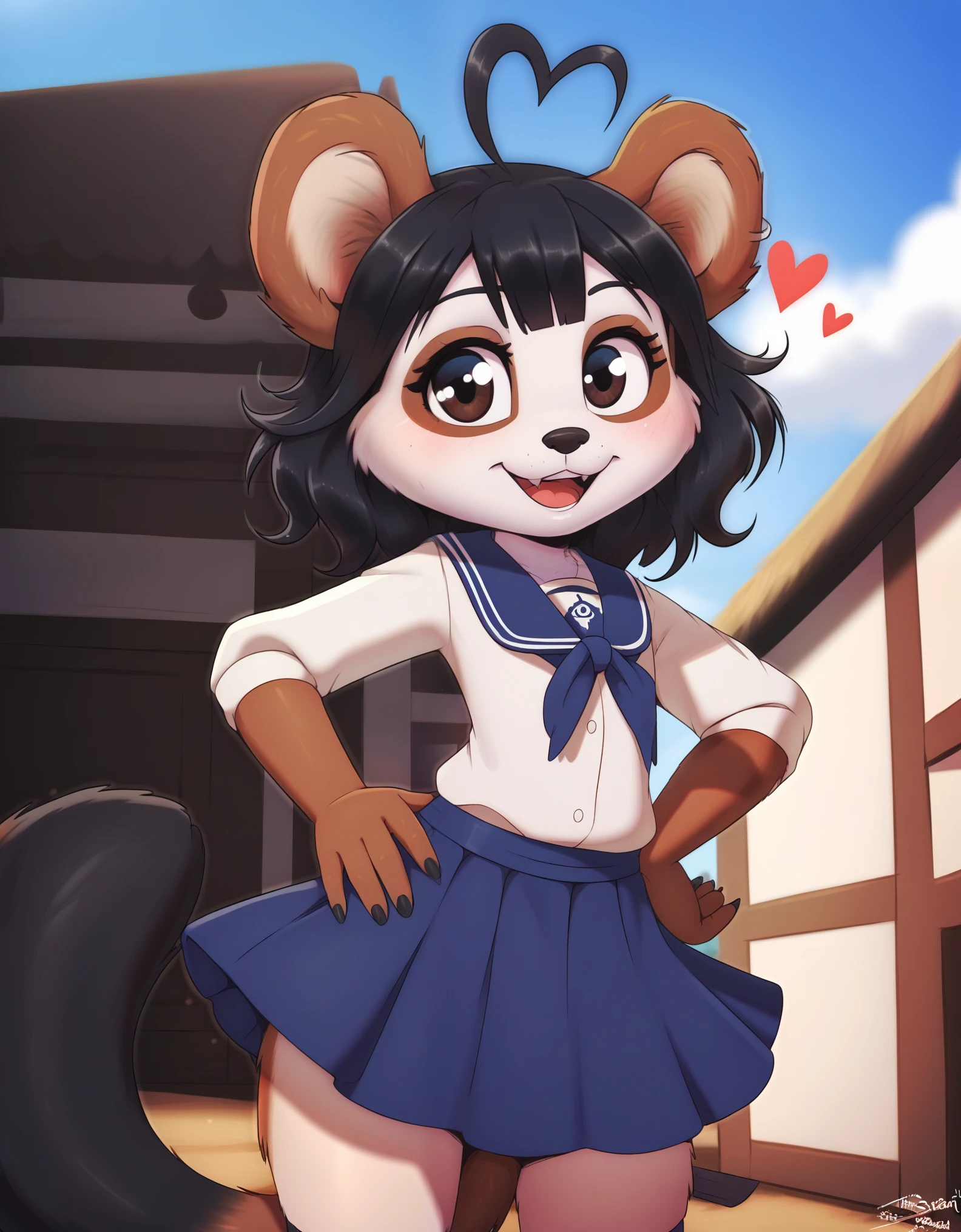 core_9, score_8_up, score_7_up, source_furry, rating_safe, kenny \(kenashcorp\), panda, female, three-quarter portrait, , blue skirt, blue sky, smile, (heart ahoge), 3d, scut tail, open mouth, black hair, black eyes, by personalami, by miso souperstar, solo