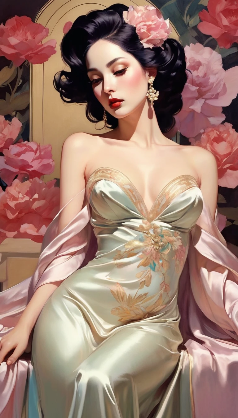 chiaroscuro technique on sensual illustration of an elegant queen , vintage ,silky dress, matte painting, by John Singer Sargent, by Harumi Hironaka, extremely soft colors, vibrant, pastel, highly detailed, digital artwork, high contrast, dramatic, refined, tonal, an intimate, seductive studio setting with a focus on sensuality and romance. Utilize soft, warm lighting that bathes the space in a gentle, inviting glow. Incorporate luxurious fabrics, plush furnishings, and a touch of decadence to evoke an opulent ambiance. The scene should exude an air of serenity and anticipation, inviting the viewer into a sensual and romantic spacem nude art