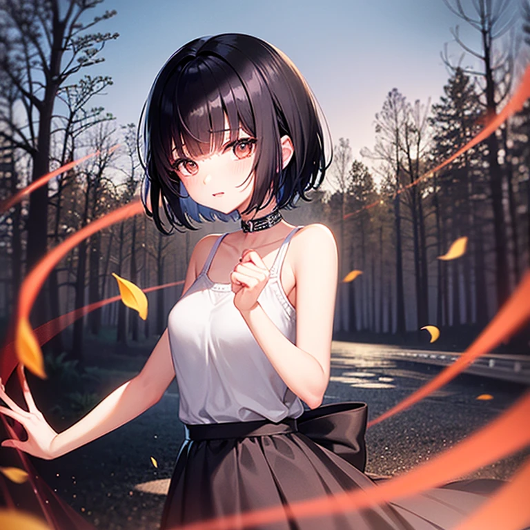anime, beautiful girl、10 talents、Black Hair、A face that retains its youthfulness、short hair、Her hair is cut short, just short of her shoulders、Bright eyes、Sparkling eyes、whole body、Running desperately、Night Forest、Moonlight、