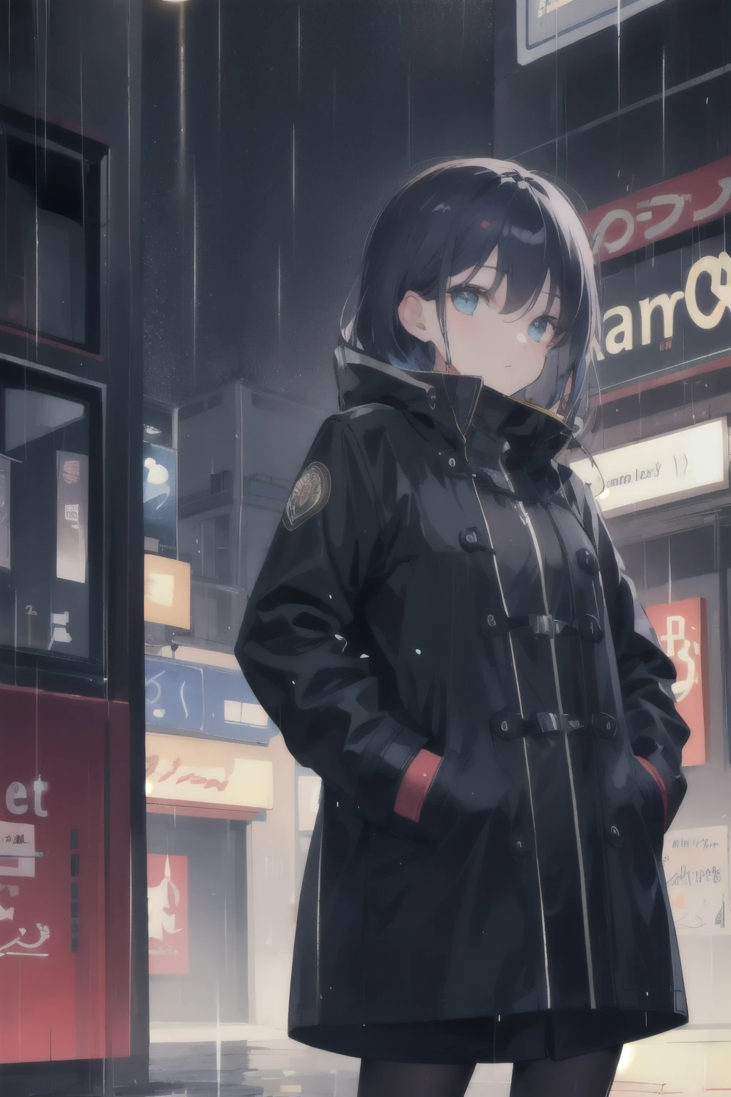 One girl,City of night,rain,coat,Put your hands in your pockets