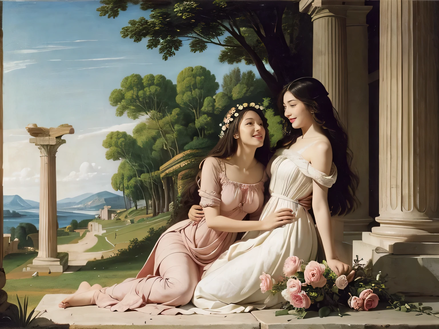 full body portrait or statue、Sandro Botticelli painting style,Arguments of two female Philosophe,math、astronomical machine、astronaut、roses in vase、fruits、Cute trinkets、smile、ancient greek costume、Ancient Roman landscape in the style of Nicolas Poussin,laughter,,Sweet and seductive appearance.、Caravaggio's paintings、Chiaroscuro of Caravaggio、hair tousled by the wind,Two women frolicking,cute smile, expression of ecstasy,Sexy,erotic