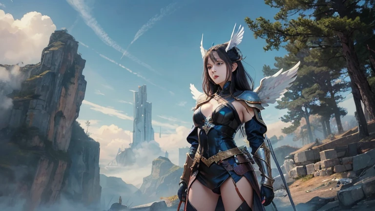 ((best quality)), ((masterpiece)), (detailed), Perfect face,Woman dressed in futuristic clothing,Standing in front of a big tree,Feathered wings, Archangel Knight,girl, Armor Girl, 穿着机甲网络装甲的girl, 十二生肖girl的骑士, Mechanized Warrior Girl, Anime Fantasy Artwork, 女性动作动漫girl, 美丽的天使girl, Portrait of the Zodiac Girl Knight, Anime Fantasy Illustration, As a mysterious Valkyrie, Anime Fantasy Artwork