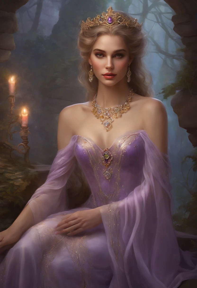 Realism, painting, Fantastic fairy tale, fantastic style, John Tolkien style, small painting by Jean-Baptiste Mo, Close-up.
Diamonds + glass beads +beads+ filigree jewelry+ Lush large open female bust + lack of clothes + sensual princess Rapunzel + cleavage + the thinnest transparent lavender tulle, with a lively natural structure of dry skin and pores, mystical morning lighting, a book image in the RPG genre, an image from "Dungeons and Dragons", a fantasy image.