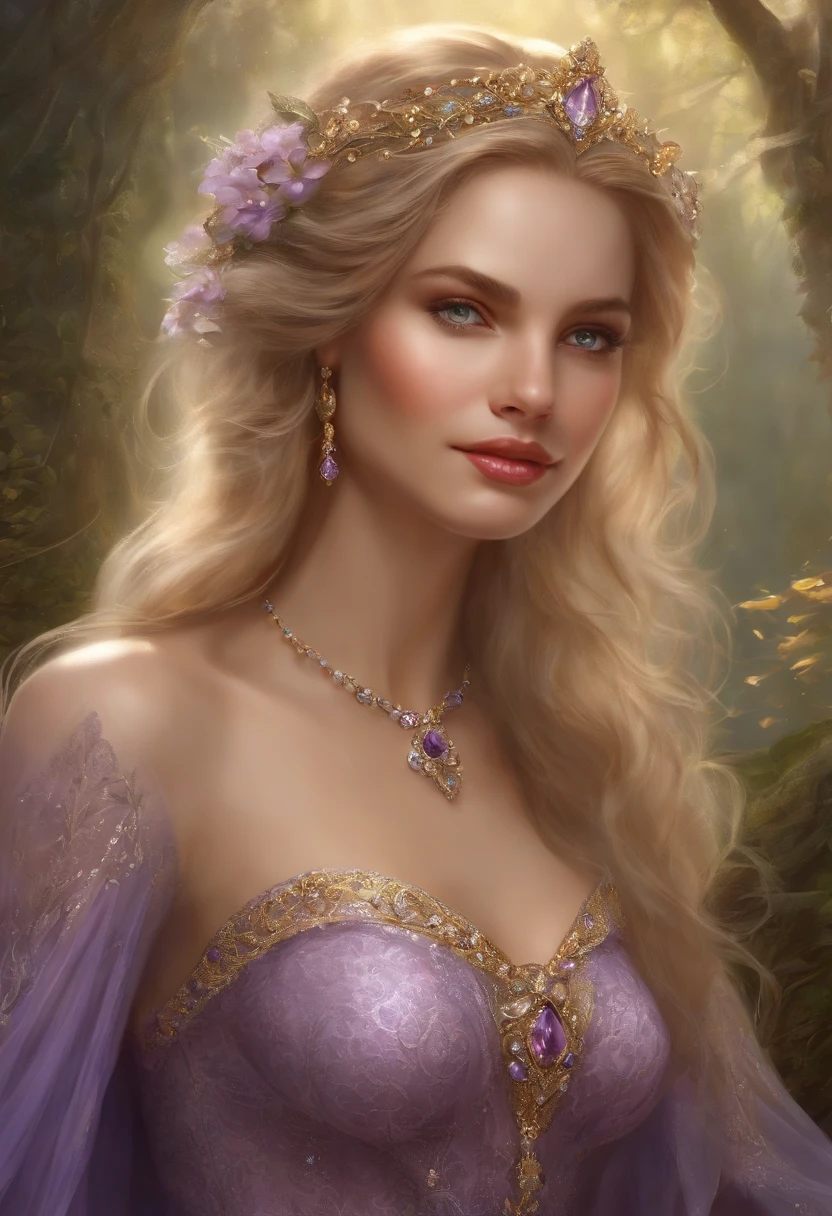 Realism, painting, Fantastic fairy tale, fantastic style, John Tolkien style, small painting by Jean-Baptiste Mo, Close-up. 
Diamonds + glass beads +beads+ filigree jewelry+ Lush large open female bust + lack of clothes + sensual princess Rapunzel + cleavage + the thinnest transparent lavender tulle, with a lively natural structure of dry skin and pores, mystical morning lighting, a book image in the RPG genre, an image from "Dungeons and Dragons", a fantasy image.