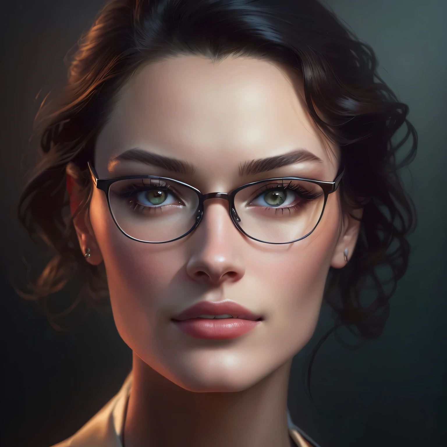 Make a ultra realistic 8k portrait from the portrait uploaded. Match face shape, eyes, nose, hare, glasses, mouth and skin tone. She is a business own yet beautful and elegant. Similar to model shalom harlow and chrusty turlington. 