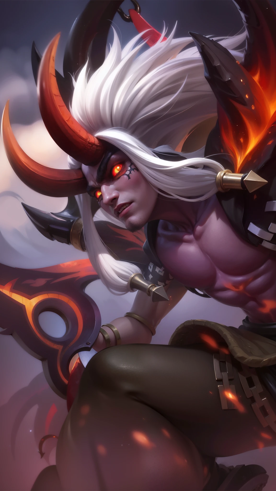 a close up of a person with a horned head and a sword, Masterpiece, ultra HD, detailed all picture, a close up of a devil, dyrroth from mobile legend, evil, extremely detailed artgerm, mobile legends character, inspired by Dyrroth, Six pack chest and abs, black jewel above the chest, light red eyes, glare.