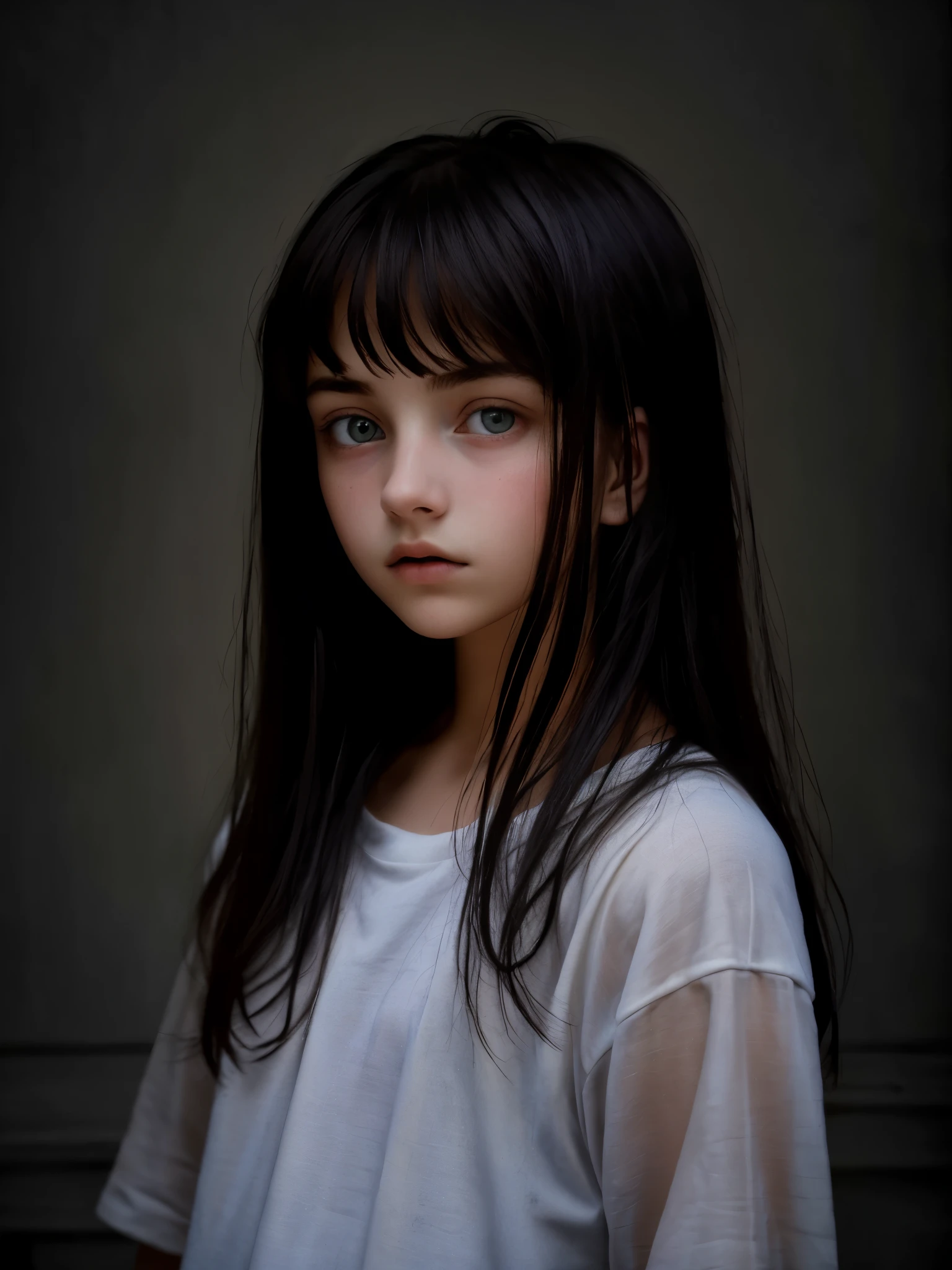 Portrait of an 14 year old cute beautiful perfect face petit teen, Russian, (dark private study, dark and moody light: 1.2)
