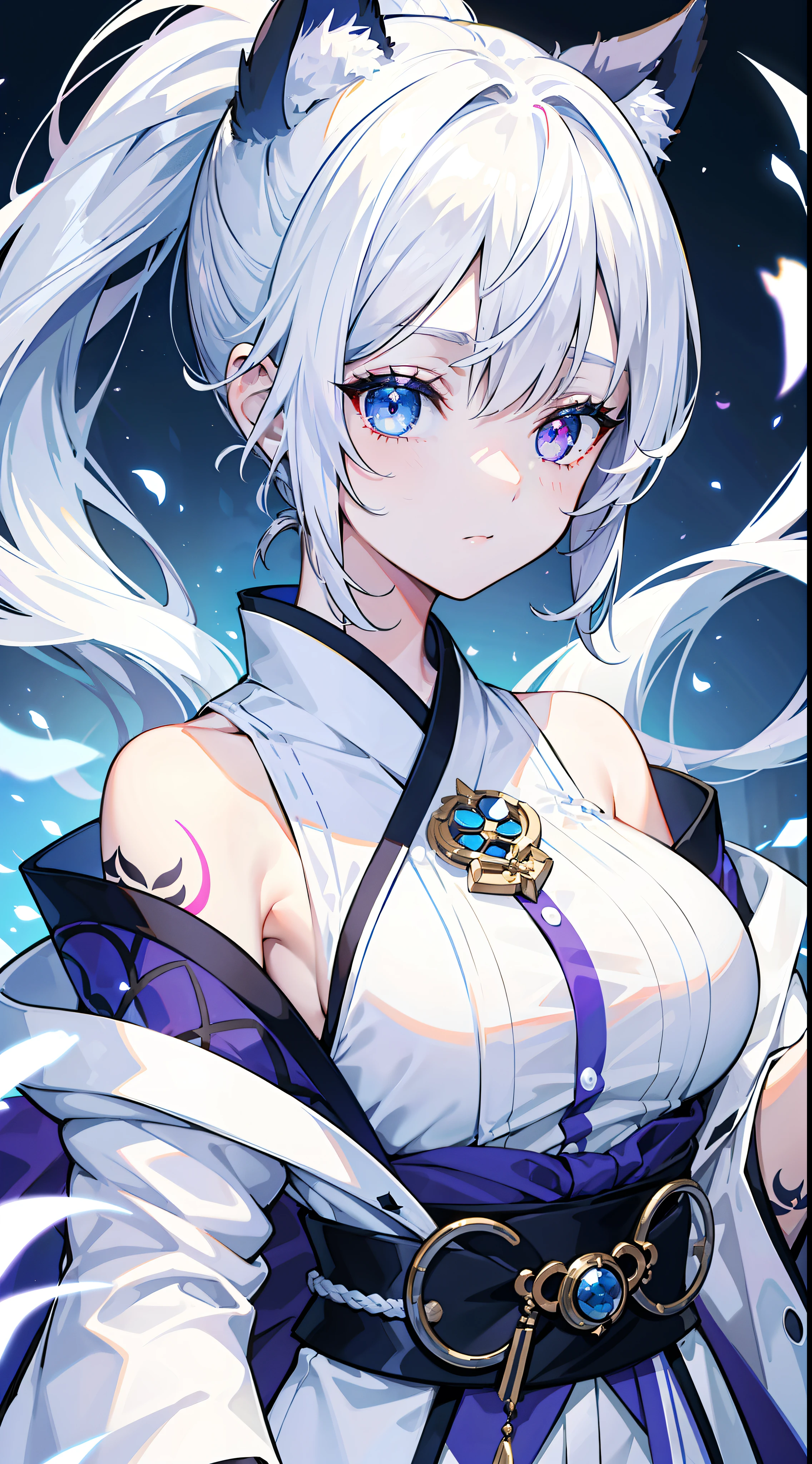 girl, White Hair, Cat ears, High Ponytail, Heterochromia, Blue and purple eyes, Blue kimono, tattoo, No sleeve, Deep neckline, Open chest, Open shoulders, masterpiece, high quality, Attention to detail, High resolution, 4K