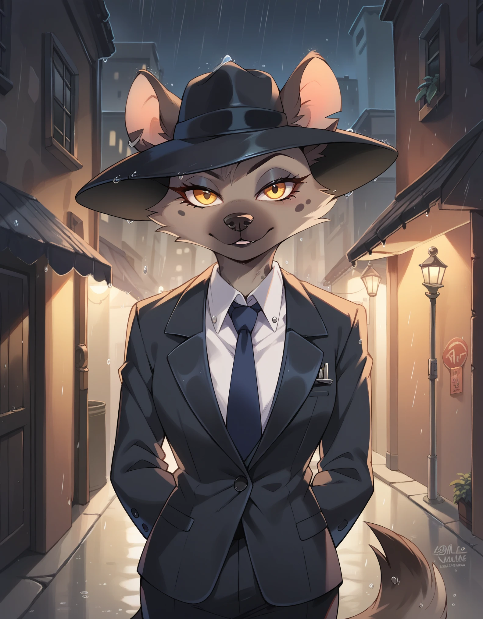 score_9, score_8_up, score_7_up, score_6_up, furry, questionable, anthro hyena woman mafia boss, suit and tie, hat, glowing yellow eyes, monochrome, alley, raining, night, noir, solo, hands behind back, striking image, by r-mk, detailed, beautiful, solo