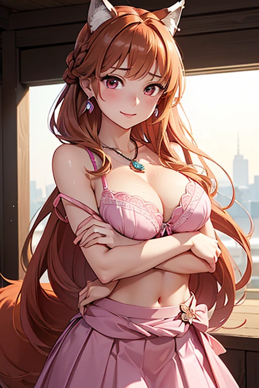 Very detailed CG Unity 8K wallpaper, Cute One lady, Mature Hair、lady ,beautiful lady, pale skin (Super masterpiece, Beautiful person, well detailed face polluted smile, Photorealistic, hyper realisitic), Perfect hands、Five fingers、Perfect hands、Perfect legs、Perfect toes、
((20year old、Pink Bra、Pink gorgeous skirt 、Best Bust、(Bust 85cm)、(large breasts)、
open chest wide、Happiness、A slender、Shy face、earrings、Get closer to your audience、Hide your arms behind your body:1.3))、
hiquality、visualart、Romance movie style、
(In a crowded city、seen by many people)、cleavage,cleavage cutout、(Sweaty all over:1.5)、midriff peek、、 (downblouse:1.5)、
pecorine, blue eyes, hair ornament, long hair, orange hair, tiara, braid, hair braid,
 long hair, brown hair, animal ears, red eyes, wolf tail, necklace