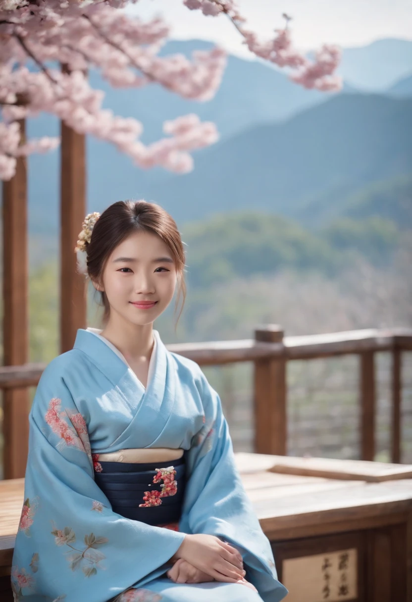 A 17-year-old girl is sitting in a Japanese-style room wearing a kimono, smile, blue sky, Baiyun, For the Mountains.