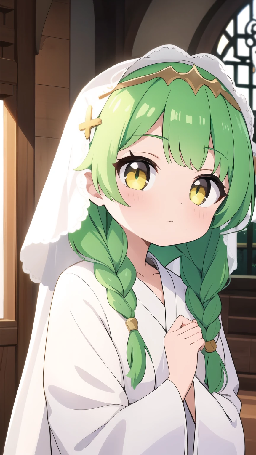 She has light green hair in braids,Wearing a veil,Golden Eyes,Teenage Girl 1,White robe-like dress,saint,Sister