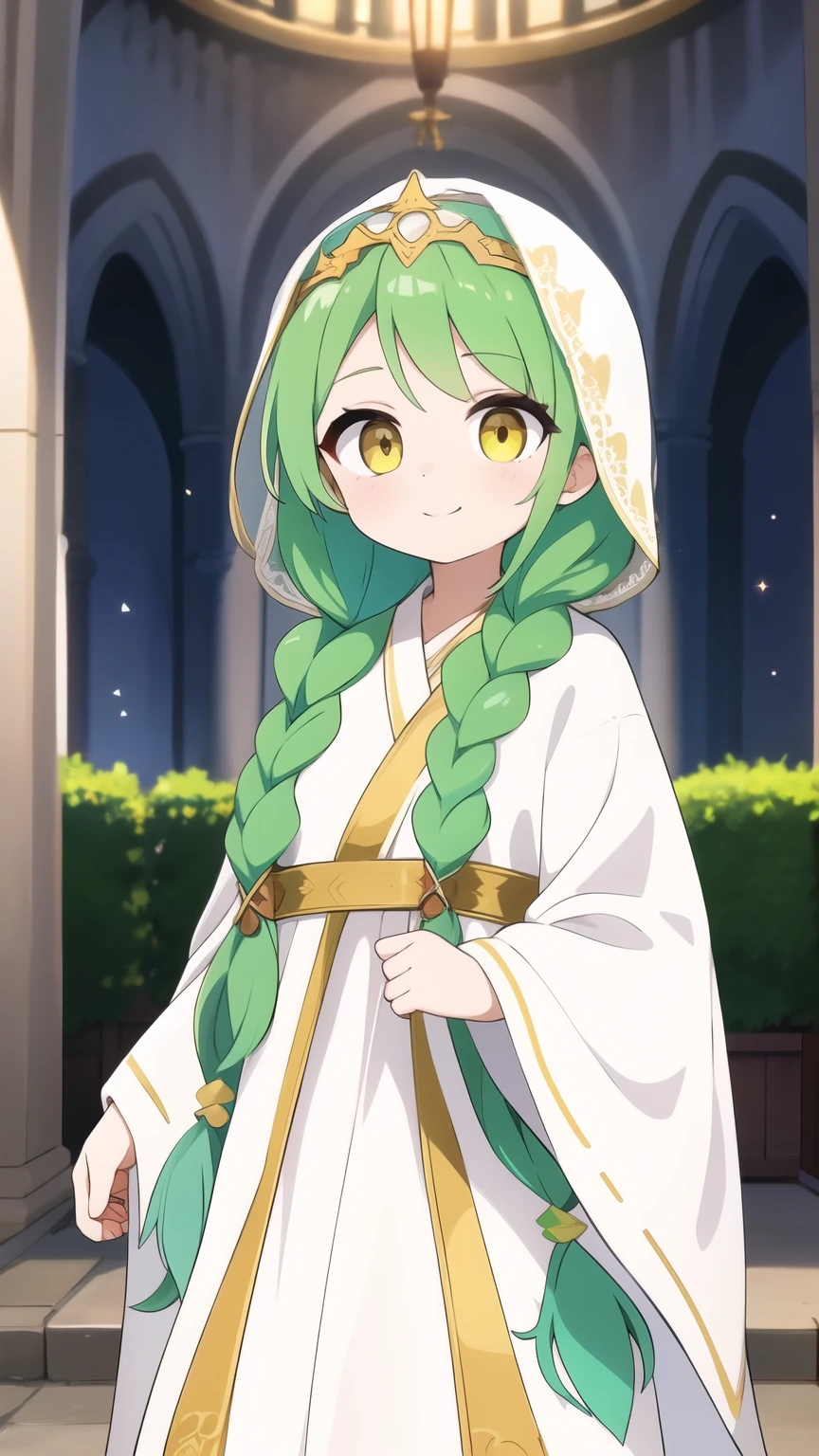 She has light green hair in braids,Wearing a veil,Golden Eyes,age Girl 1,White robe-like dress,saint,Sister