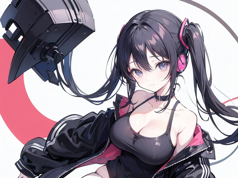 masterpiece,anime style,chibi,sexy girl,black hair,shoulder length hair with two pigtails,black jacket,with headphones,lo fi background,smiling,big breasts,listening to music,waiting on the right side of the image,showing cleavage,full body,standing,black t-shirt,alone,